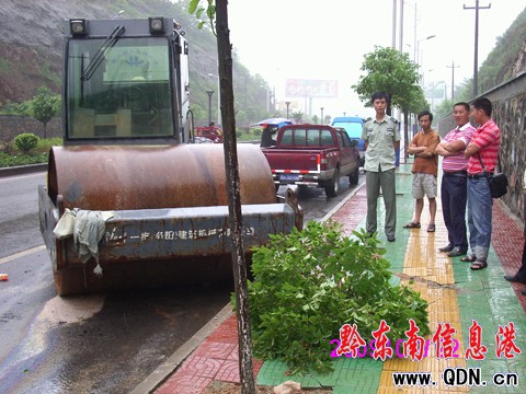 壓路機“輾”上人行道 市政設施受損傷(圖)
