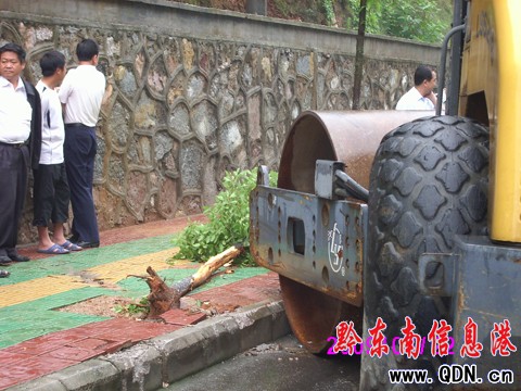 壓路機“輾”上人行道 市政設施受損傷(圖)