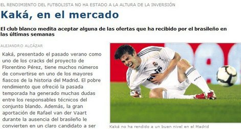 西媒曝皇馬決意拋售卡卡 穆帥已將他列為替補