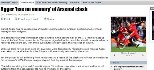 利物浦鐵衛(wèi)頭擋勁射致失憶 忘記日期閱讀吃力