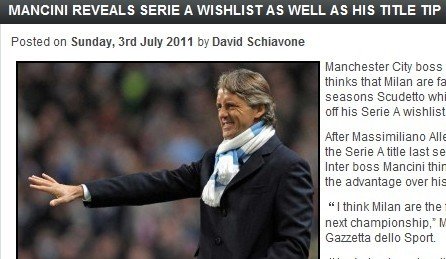 曼奇尼預測意甲冠軍:米蘭是冠軍尤文將復興