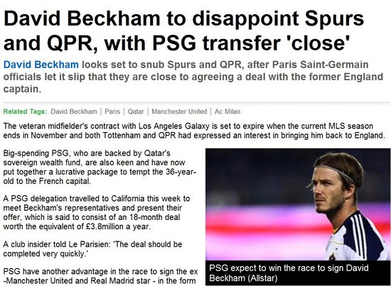 曝貝克漢姆將簽約巴黎 身價大跌年薪380萬鎊