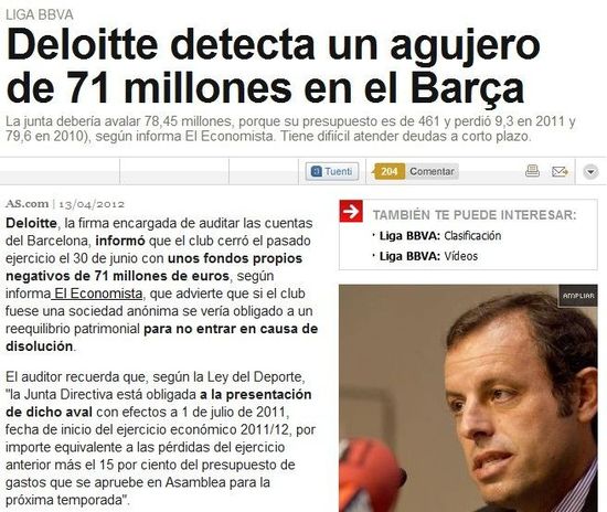 《阿斯報》:巴薩上賽季虧損7100萬歐元