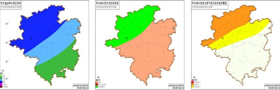 圖1 26日夜間至27日白天降雨落區(左)、雷電和短時強降雨區域(中)、地質災害氣象風險預報預警圖(右)