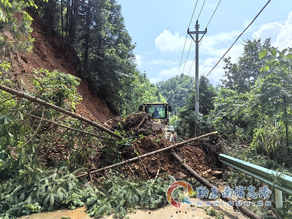 圖為 銅鼓鎮利用鏟車清理倒塌在路中間的樹木,保通保暢